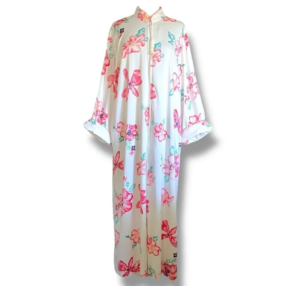 Vintage Natori Womens Robe Sz Large Ivory Pink Tropical Floral Kaftan House Coat